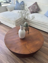 Handcrafted solid spruce round drum coffee table, gallery photo 4