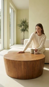 Handcrafted solid spruce round drum coffee table, generated lifestyle render
