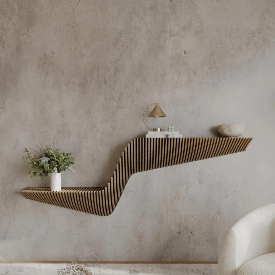 BATAMEX Parametric 57 inch Floating Shelf Geometric Wooden Wall Decor Oak Color