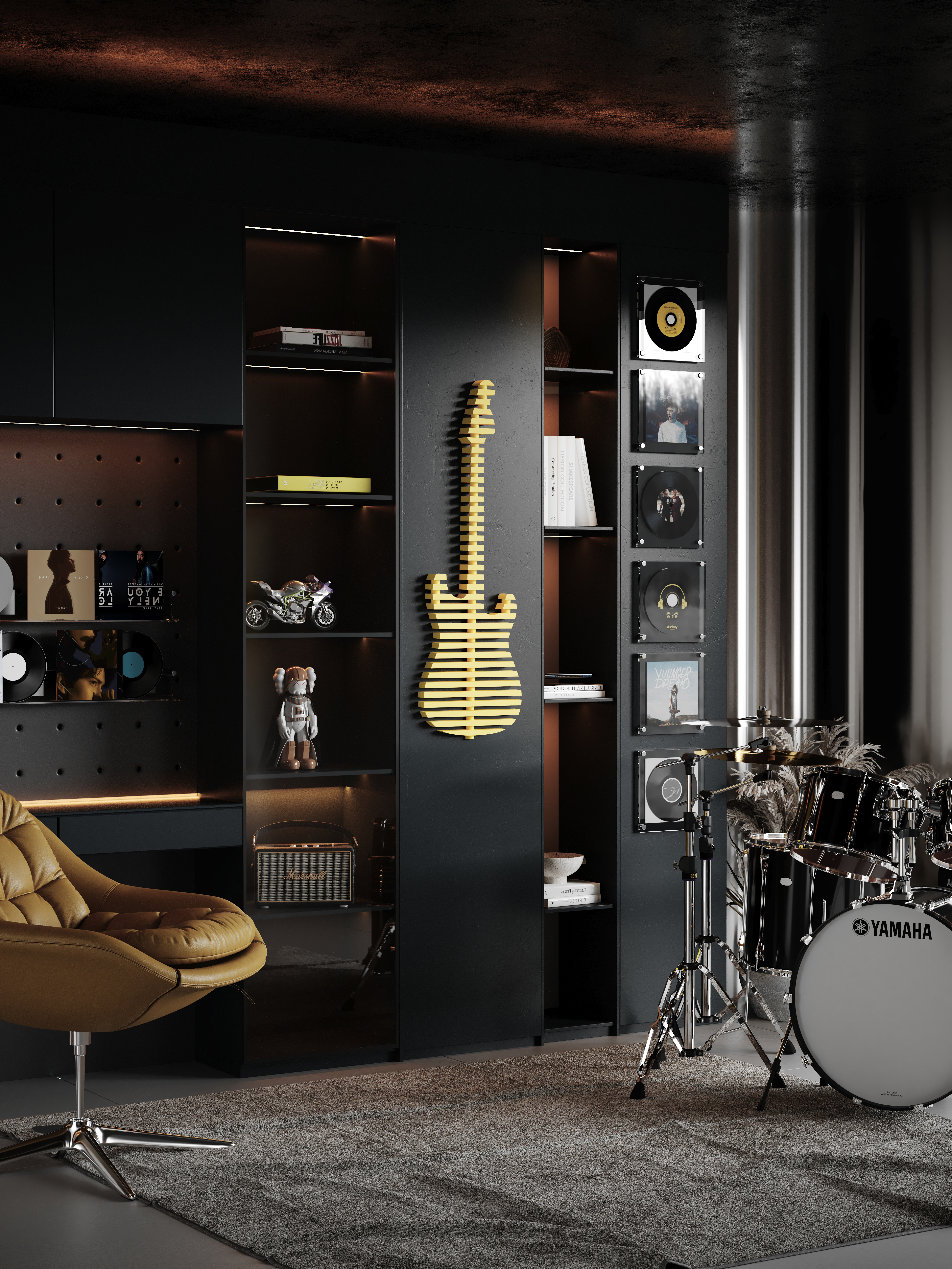 BATAMEX Elvis Parametric 3D Guitar Wall Decor Modern Sculptural Wall Art Contemporary Architectural Wall Decor for Living Room, Office & Commercial Interiors (Yellow)