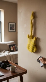 Elvis parametric 3D guitar wall decor in Yellow lacquer, generated lifestyle render