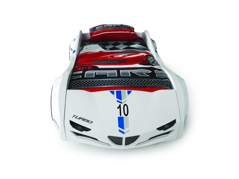 GTI White Twin Race Car Bed, Remote Control, LED Lights, Sound FX, Rear Seat