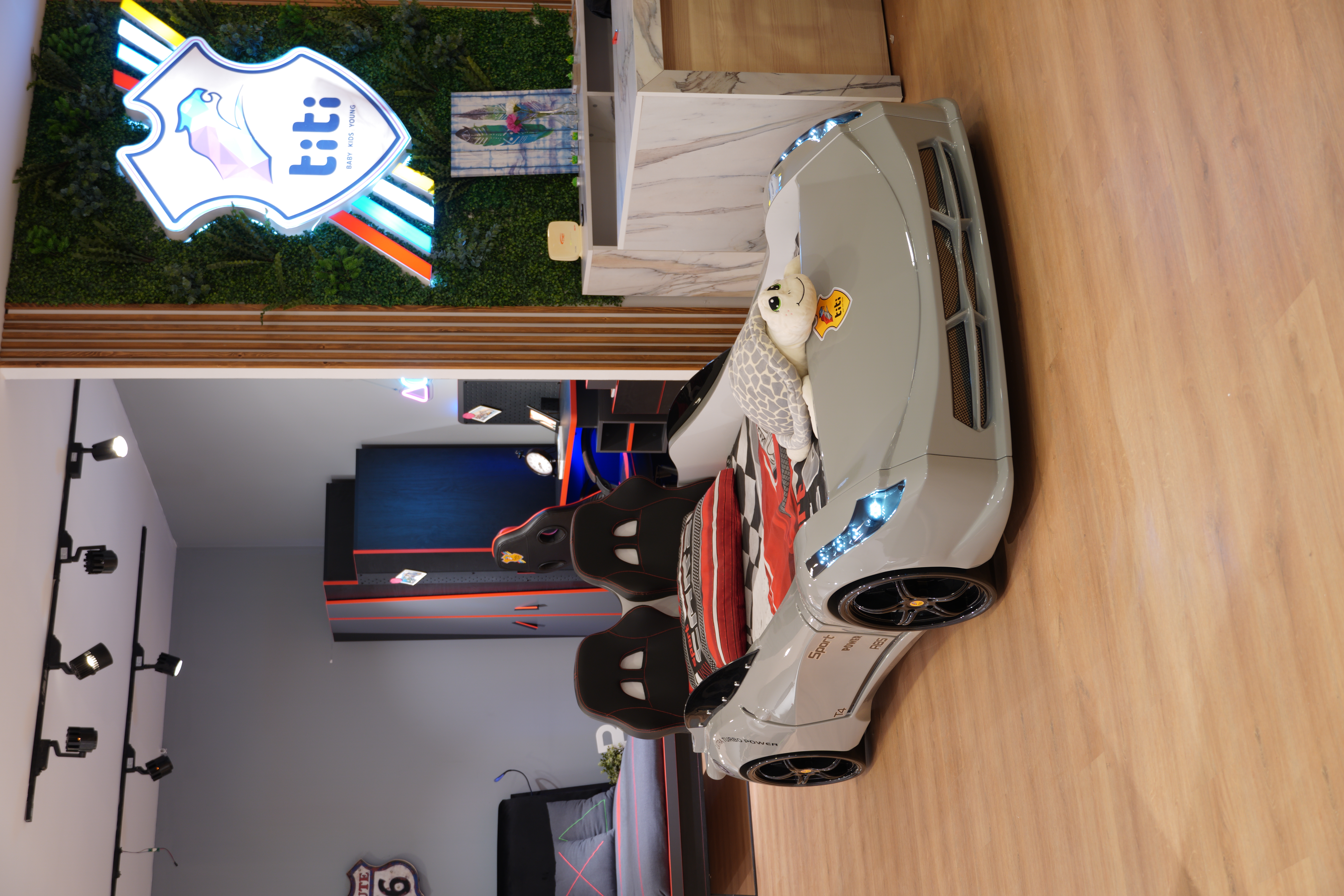 TT Grey Twin Race Car Bed, Remote Control, LED Lights, Sound FX, Rear Seat