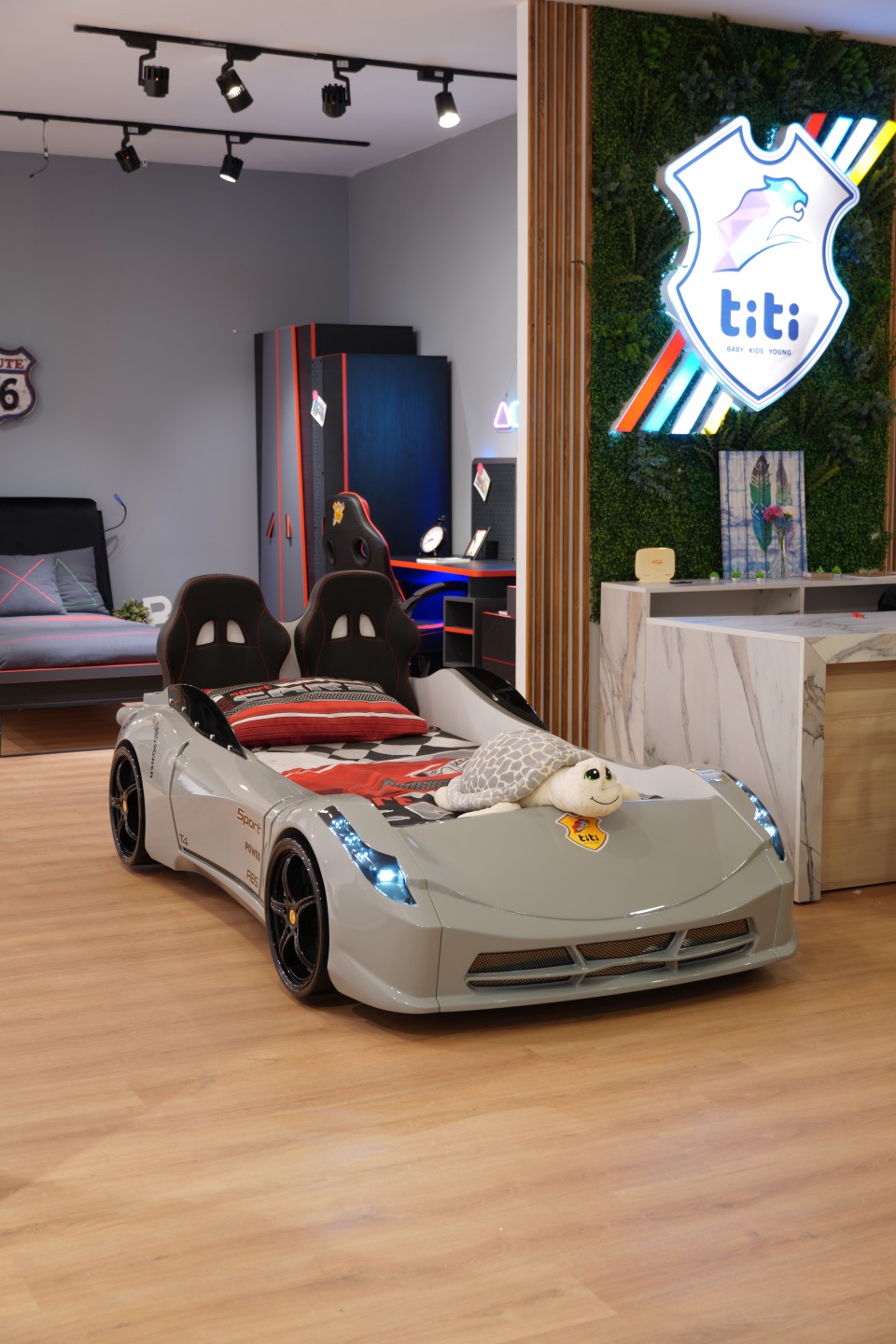 TT Grey Twin Race Car Bed, Remote Control, LED Lights, Sound FX, Rear Seat