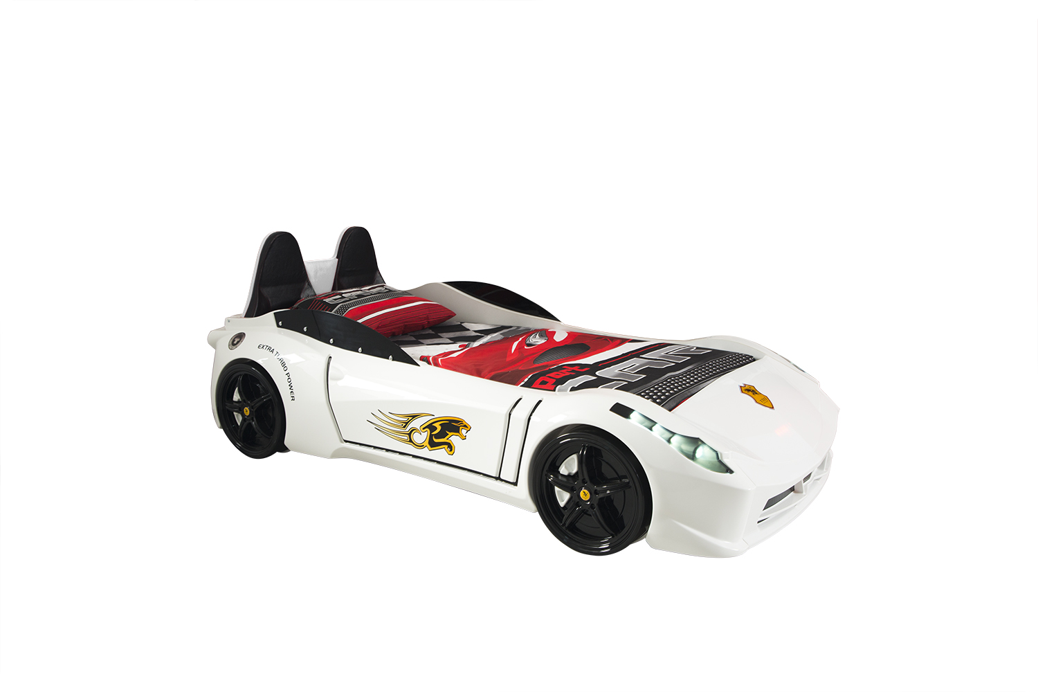 TT White Twin Race Car Bed, Remote Control, LED Lights, Sound FX, Rear Seat