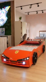 WOODY race car bed in Red with LED lights and spoiler, gallery photo 1